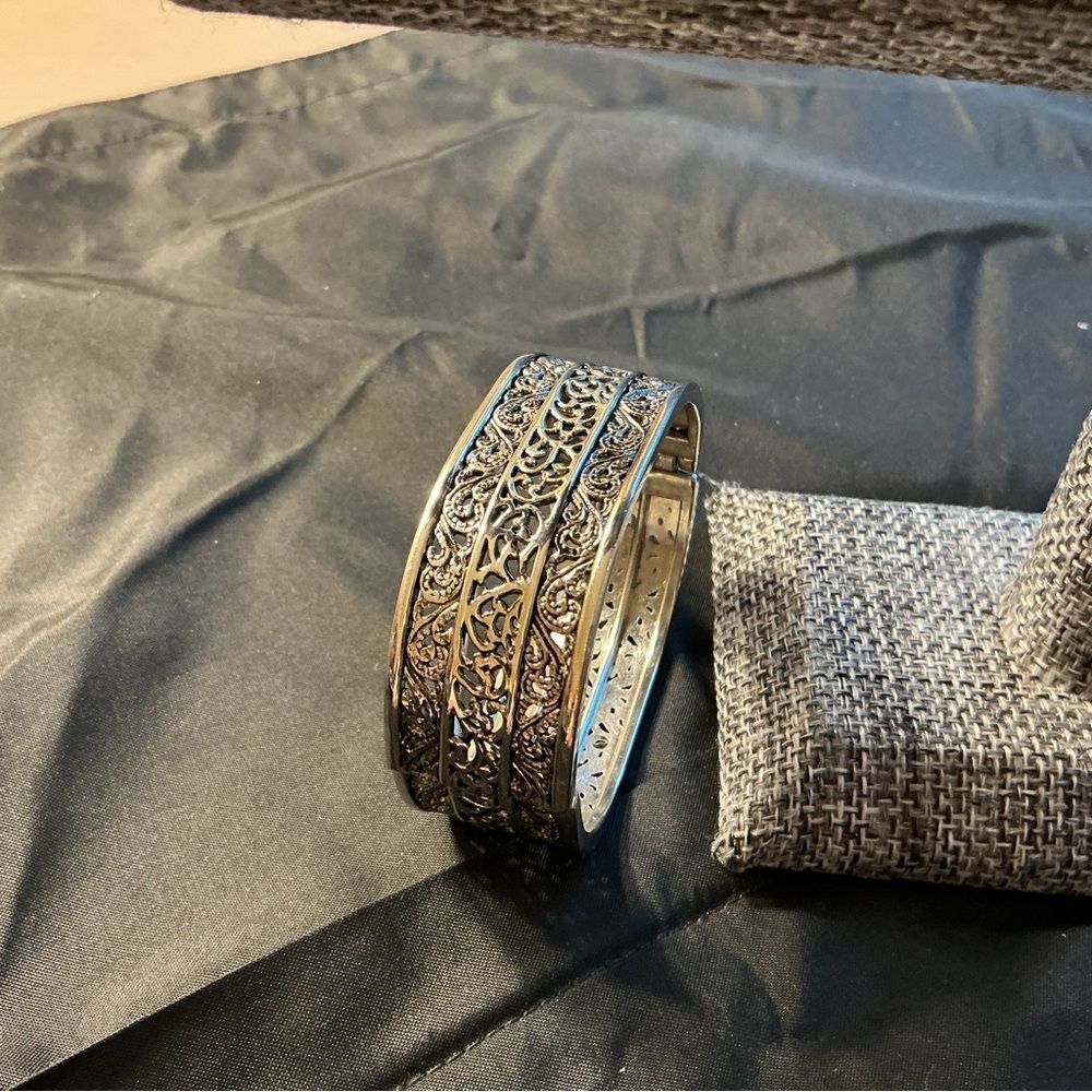 Intricate Silvertone and Oxidized Black Cuff Bracelet